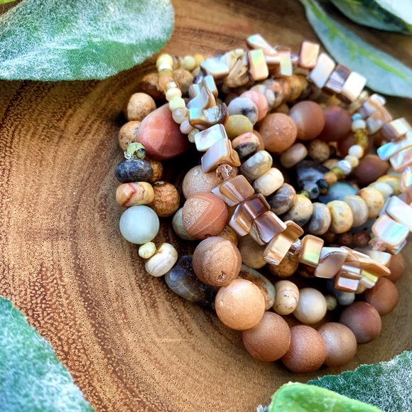 Natural Multicolored Agate, Amazonite & Unakite Gemstone Mix Bead Bracelet Stack - Picture 5 of 10